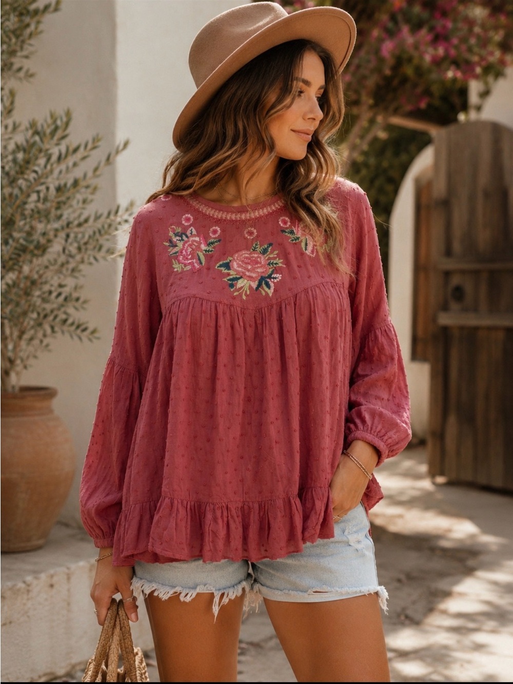 Solitaire Rose Embroidered Plum Peasant Tunic